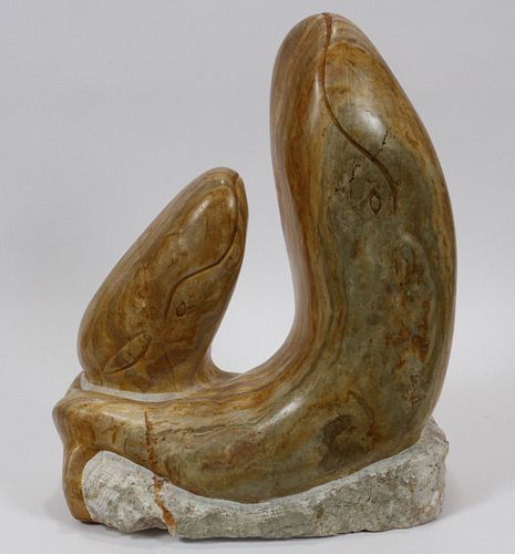 CARVED STONE WHALE SCULPTURE, MODERN, H 18 1/2", W 16", D 8" 