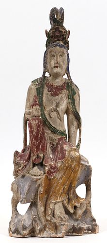 CHINESE, POLYCHROME CARVED WOOD QUAN YIN FIGURE, H 22", W 7.75" 