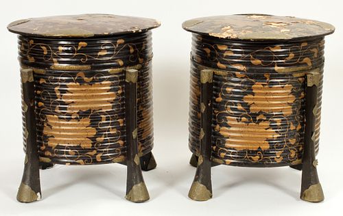 JAPANESE LACQUER & BRASS COVERED KIMONO CONTAINERS, 19TH C, PAIR, H 16.5", DIA 15" 
