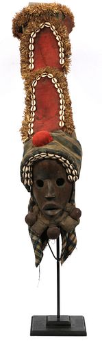 AFRICAN CARVED WOOD, LINEN & COWRY SHELLS TRIBAL MASK, ANTIQUE, H 32", W 9" 