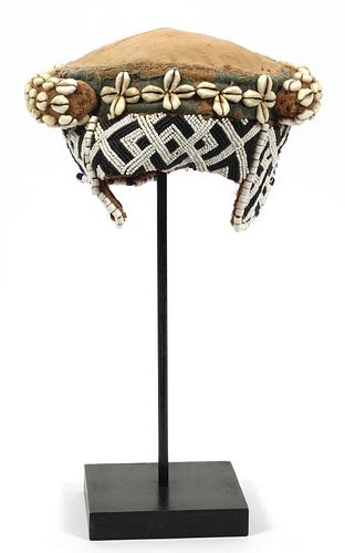 AFRICAN FABRIC, BEADWORK & COWRY SHELL HAT, 9" SQUARE 