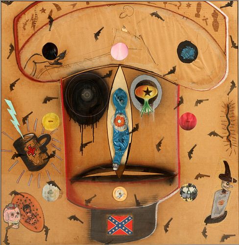 BILLY MAYER (AMER, 1953-2017), COLLAGE ON BOARD, 1989, H 40", L 39.5", "STUDY FOR DON" 