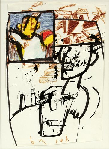 HERMAN BROOD (DUTCH, 1946–2001), MIXED MEDIA, H 12.25", W 8.5", UNTITLED COMPOSITION WITH HEADS 
