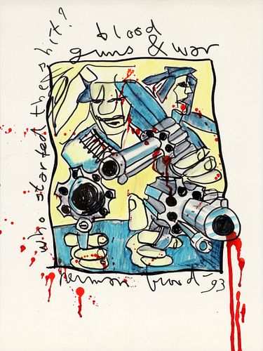 HERMAN BROOD (DUTCH, 1946–2001), MIXED MEDIA, 1993 H 19", W 14 1/4", "BLOOD GUNS AND WAR" 