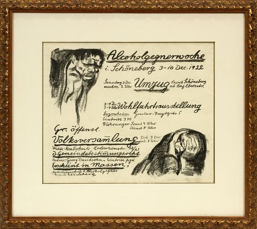 KATHE KOLLWITZ (GERMAN, 1867-1945), LITHOGRAPH, 1922, IMAGE: H 13", W 16", "FLYER FOR THE ALCOHOL OPPONENTS WEEK 1922" 