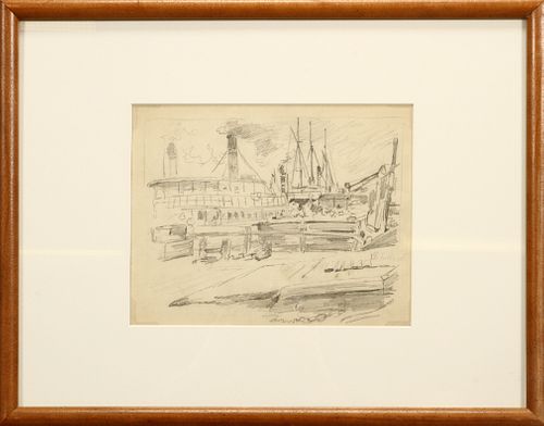 WALTER SHIRLAW (SCOTLAND, 1838-1909), GRAPHITE ON PAPER, H 8", L 9.5", SHIPPING PORT 
