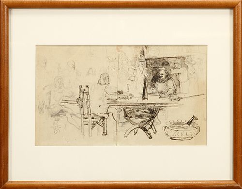 WALTER SHIRLAW (SCOTLAND, 1838-1909), GRAPHITE & INK ON PAPER, H 8", L 13", "THE FEAST" 