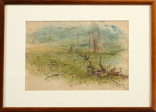 WALTER SHIRLAW (SCOTLAND, 1838-1909), WATERCOLOR ON PAPER, H 10", L 15", "RESTING IN THE WOODS" 