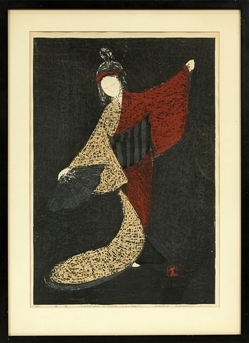 KAORU KAWANO (JAPANESE, 1916–1965), COLOR WOODCUT, H 22", W 15", "DANCING FIGURE (MAI OGI)" 