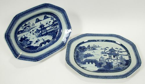 CANTON CHINESE EXPORT PORCELAIN PLATTERS, C. 1860, 2, 13" X 15.75" & 10 7/8" X 14.25" 
