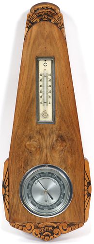 ART DECO INFLUENCED, CARVED WALNUT BAROMETER WITH THERMOSTAT, H 20", W 7.75" 