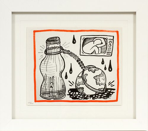 KEITH HARING  (AMERICAN, 1958–1990), LITHOGRAPH, 1990, IMAGE:  H 7 7/8", W 10 1/4", "AGAINST ALL ODDS" 
