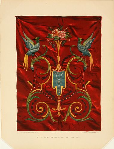 COSACK & CO. CHROMOLITHOGRAPH ON PAPER, H 14", L 10", SWISS EMBROIDERY 