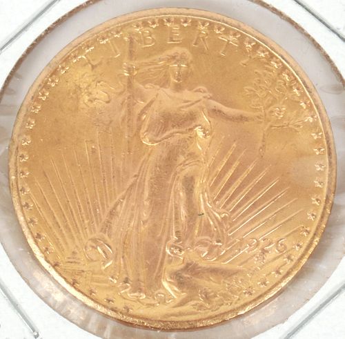 U.S, $20.DOLLAR GOLD COIN 1926 SAINT-GAUDENS STANDING LIBERTY GRADED MS-63 + MIRROR-LIKE, (1) H 7" W 4" 