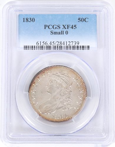 U.S, STERLING SILVER LIBERTY CAPPED BUST MIRROR-LIKE, .50C COIN 1830 CERTIFIED PCGS XF-45, GRADED SMALL '0' GRADE (1) 