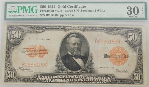 U.S. $50.DOLLAR 1922 GOLD CERTIFICATE PAPER CURRENCY GRADE MS-30 EXCEPTIONAL PAPER QUALITY, JOHN BURKE BACK PLATE #5,LG.S/N# (1) H 5" W 9.2" 