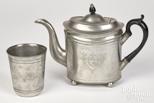 Massachusetts engraved pewter teapot and beaker