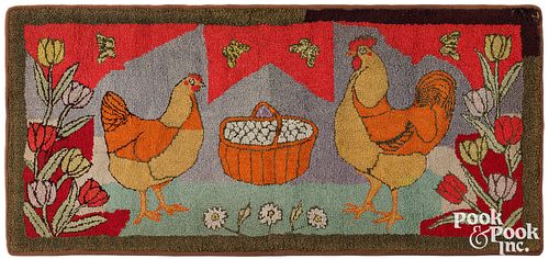 American hooked rug with chickens, mid 20th c.
