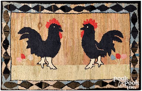 American hooked rug with chickens, ca. 1900