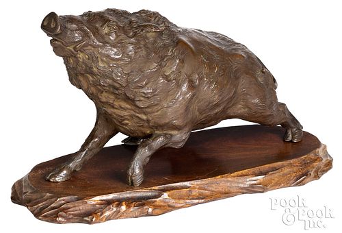 Japanese Meiji period crouching bronze boar