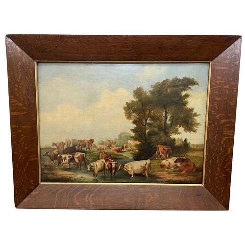 CATTLE GATHERED WATERING IN LANDSCAPE OIL PAINTING