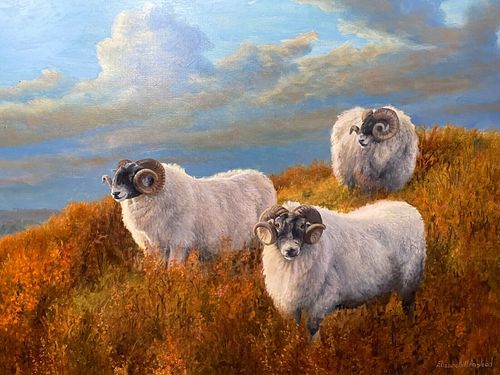 PORTRAIT OF THREE SHEEP IN HIGHLAND LANDSCAPE OIL PAINTING
