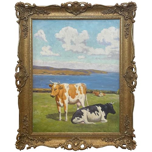 CATTLE BY THE COAST OIL PAINTING