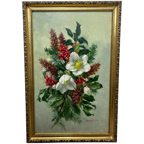HOLLY PLANT, WHITE FLOWERS & RED BERRIES OIL PAINTING