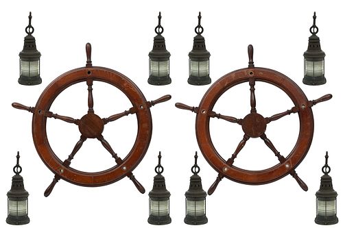 8 Metal Lanterns & 2 Ship Wheels, Hanging Assembly
