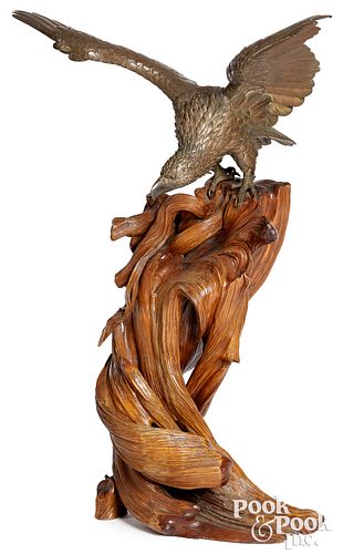 Japanese Meiji bronze eagle on wood freeform perch