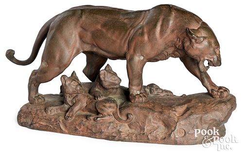 Charles Valton bronze of a lioness and cubs