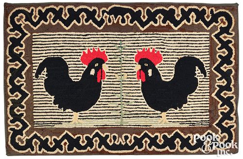 American hooked rug of two roosters, ca. 1900