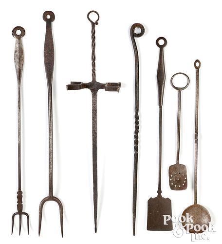 Group of seven wrought iron hearth utensils
