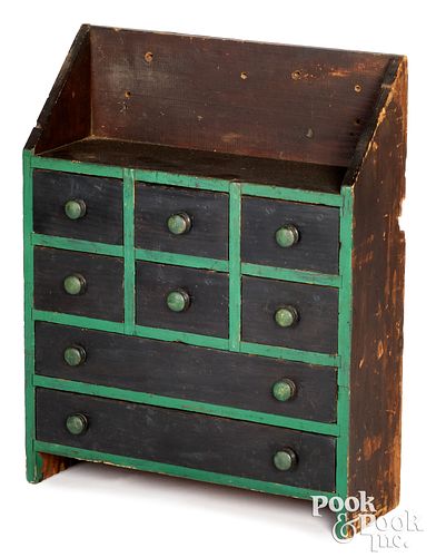 Painted pine hanging seed cabinet, late 19th c.