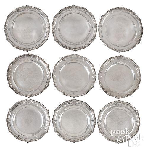 Six English silver plates and three soup bowls