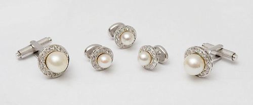FIVE PIECE WHITE GOLD, CURLTURED PEARL AND DIAMOND DRESS SET