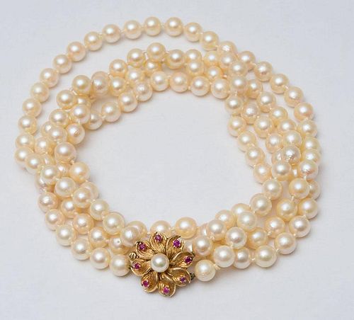 DOUBLE STRAND CULTURED PEARL NECKLACE WITH 14K GOLD, RUBY AND PEARL CLASP