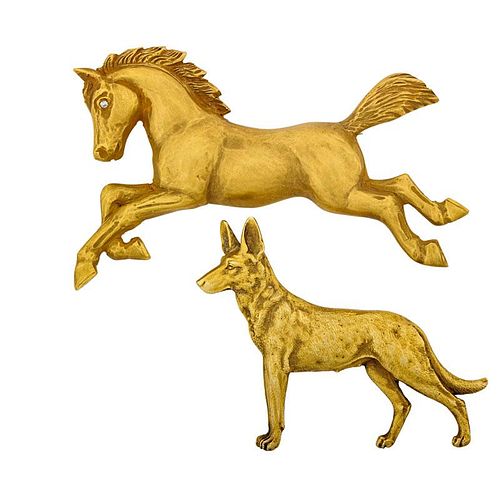 TWO FIGURAL YELLOW GOLD BROOCHES