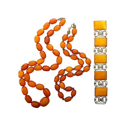 THREE PIECES OF OLD BUTTERSCOTCH AMBER JEWELRY