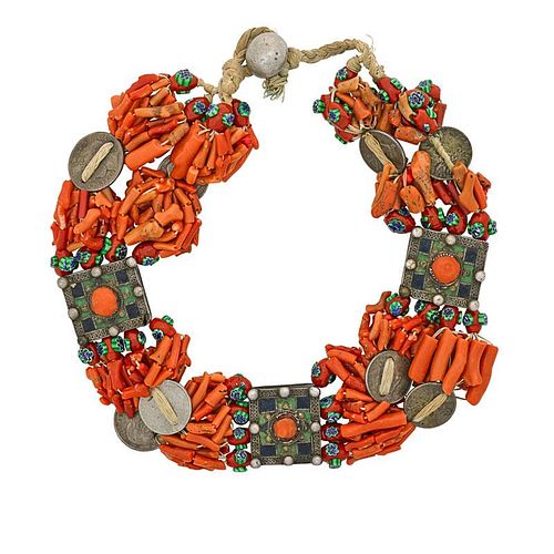 BERBER ENAMELED SILVER & CORAL NECKLACE
