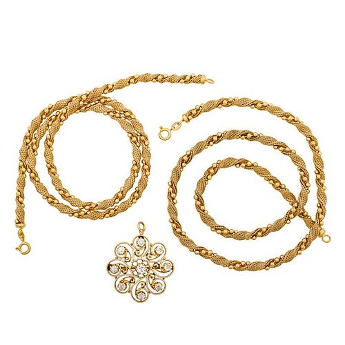TWO GOLD ROPE NECKLACES & DIAMOND SCROLL BROOCH