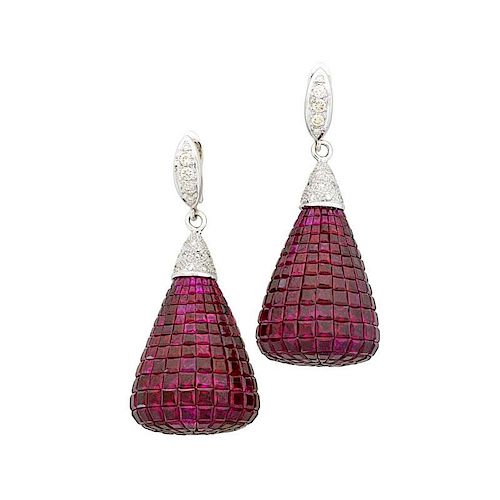 INVISIBLY SET RUBY & DIAMOND DROP EARRINGS