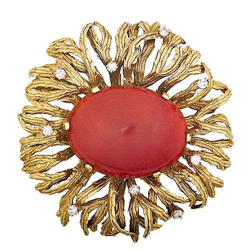 MARIANNE OSTIER RED CORAL, DIAMOND & 18K GOLD BROOCH