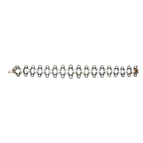 VICTORIAN NATURAL PEARL & DIAMOND SILVER TOPPED GOLD BRACELET