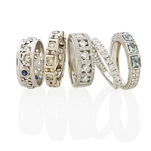 FIVE 14K WHITE GOLD BANDS WITH DIAMONDS OR GEMS