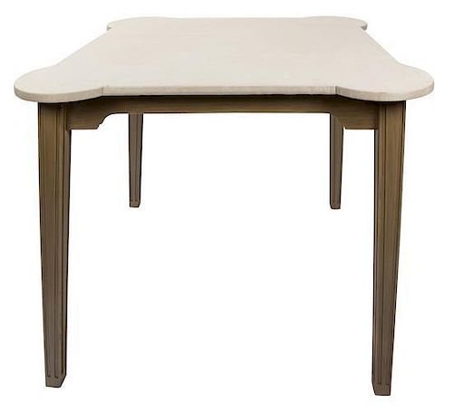 A Linen Top Painted Wood Games Table Height 30 x width 43 1/2 x depth 43 1/2 inches.