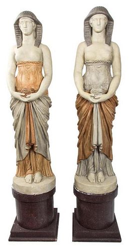 A Pair of Empire Style Painted Figures Height overall 70 inches.