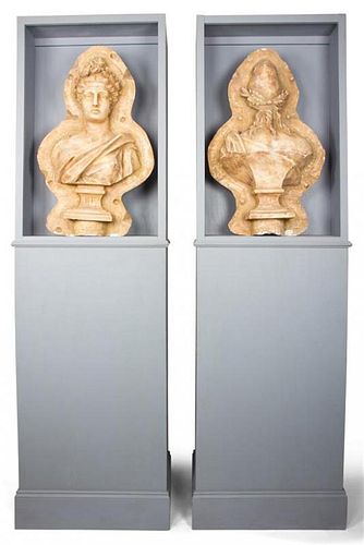 A Pair of French Plaster Architectural Frieze Busts Height 38 x width 21 inches.