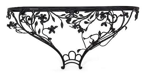 A Black Metal Glass Top Console Table Height 23 1/2 x width 49 1/2 x depth 14 inches.