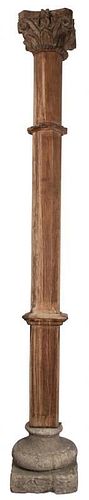 An Indian Neoclassical Style Carved Wood Column Height 109 inches.